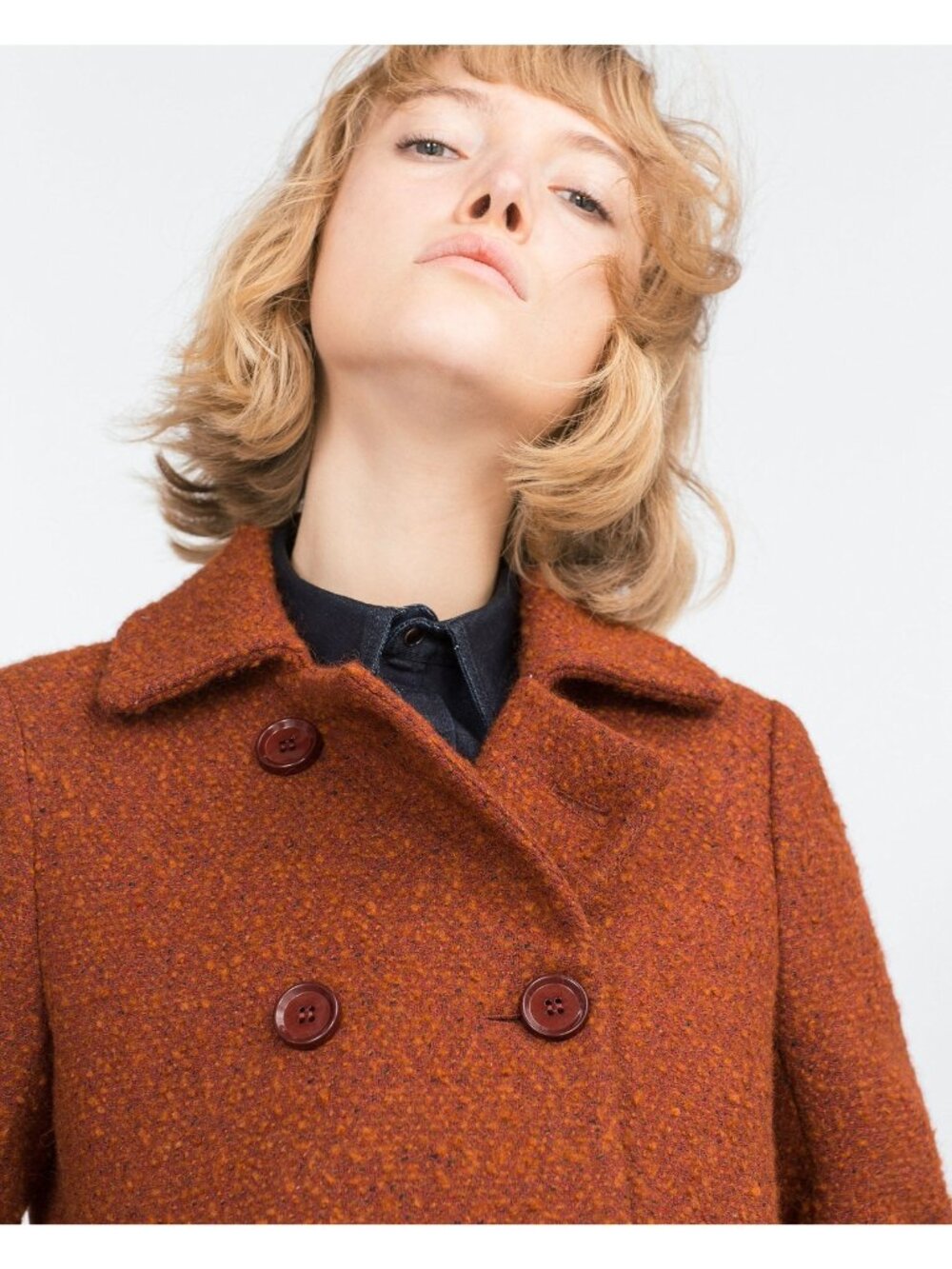 Zara Outerwear Brown Double Breasted Boucle Coat Pockets Size L Jacket Peacoat - Picture 6 of 16